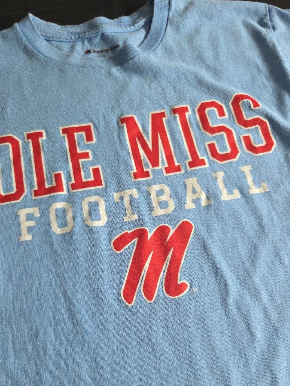 Champion Light Blue Ole Miss Football T-Shirt with Red White Logo - Picture 3 of 5